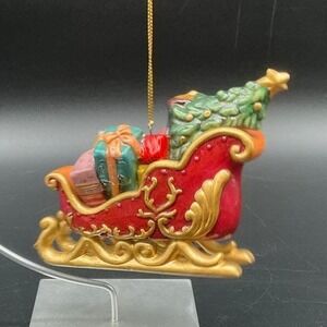 Vintage Santa Sleigh Ornament Red Gold Porcelain with Tree and‎ Gifts Christmas
